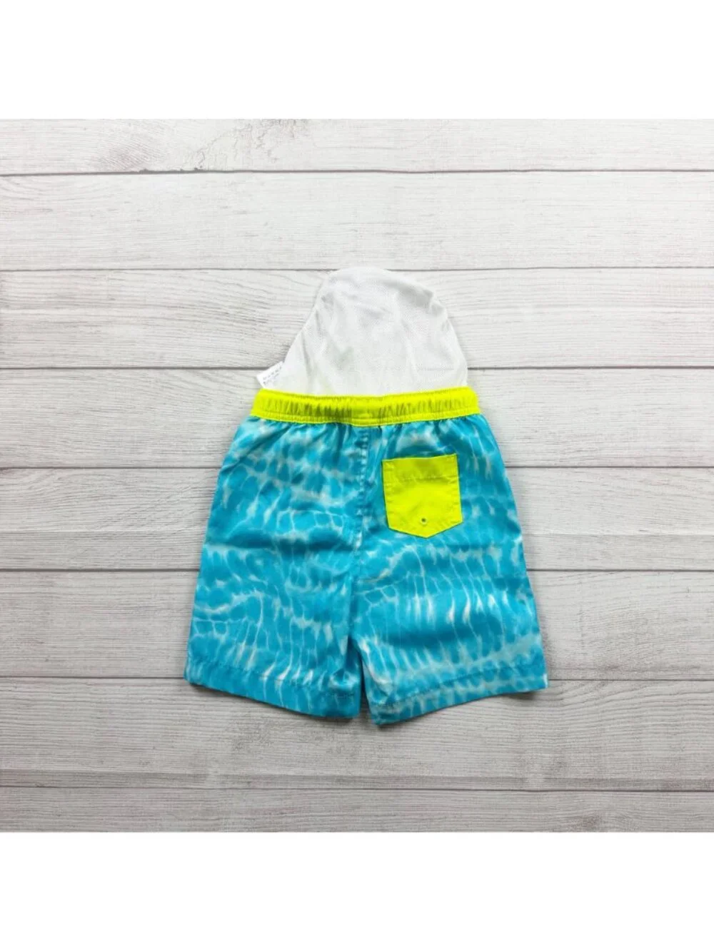 Lands End Blue Tie Dye Swim Trunks Neon Yellow Elastic Waist Mesh Liner XS 4-5